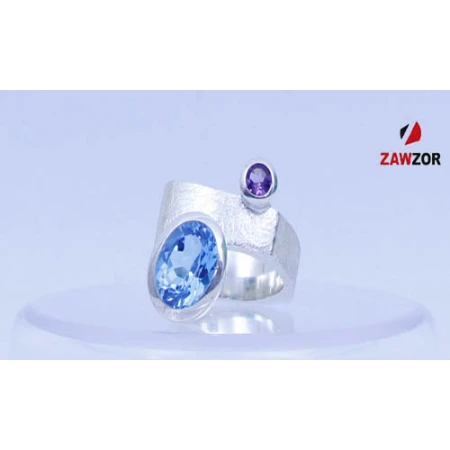 Blue Topaz And Amethyst Silver Ring  